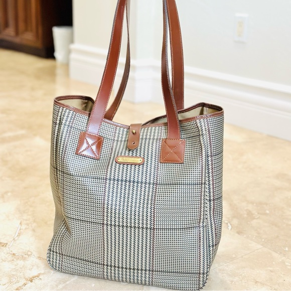 Polo Ralph Lauren Tartan Plaid Houndstooth Coated Canvas Large Tote - Picture 1 of 12